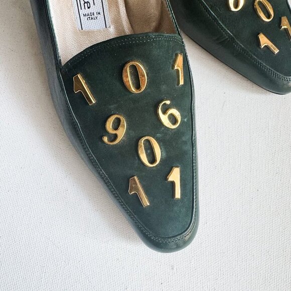 Vintage Colette Dark Forest Green Numbers Detail Kitten Heel Suede Heels 35.5 - Picture 2 of 10